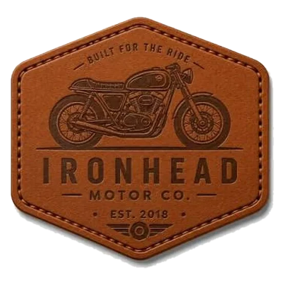 Leather patch with a debossed motorcycle logo